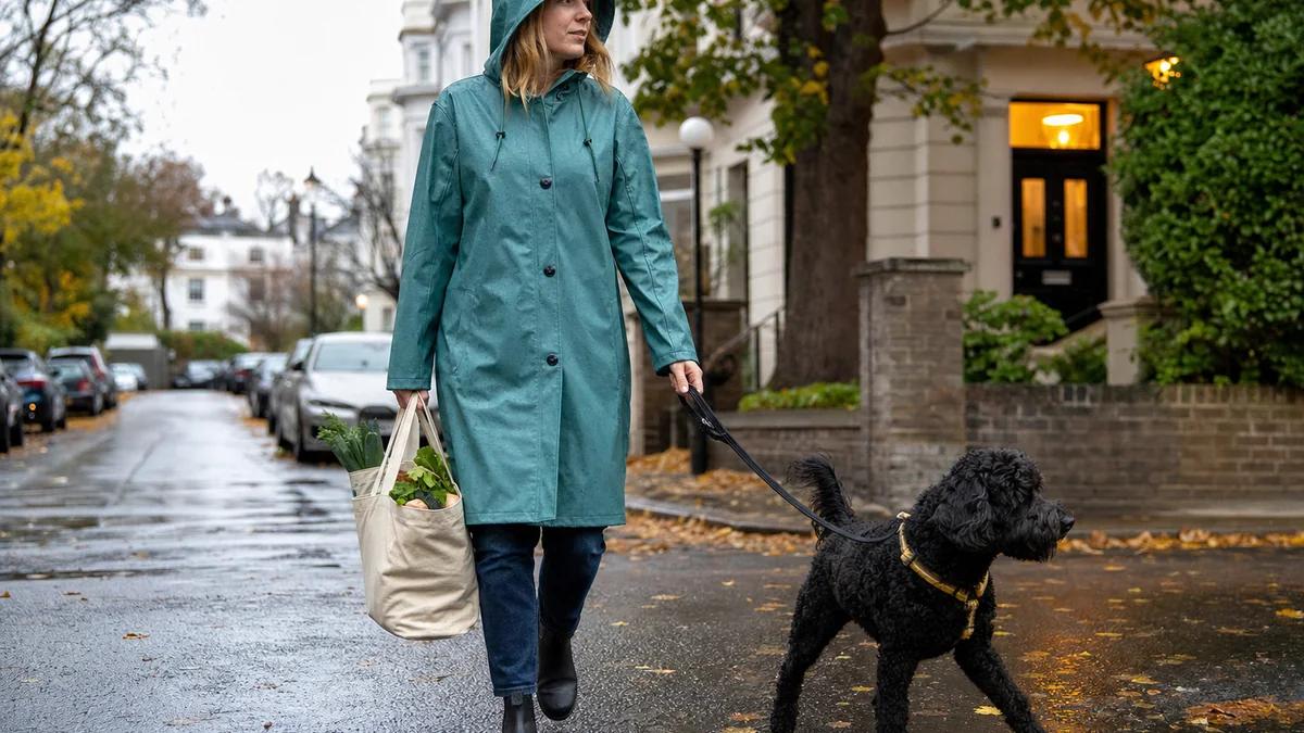 waterproof raincoat everyday shown in the real-life setting: A wet forecast does not cancel groceries, the school run, or a restless dog’s afternoon walk.