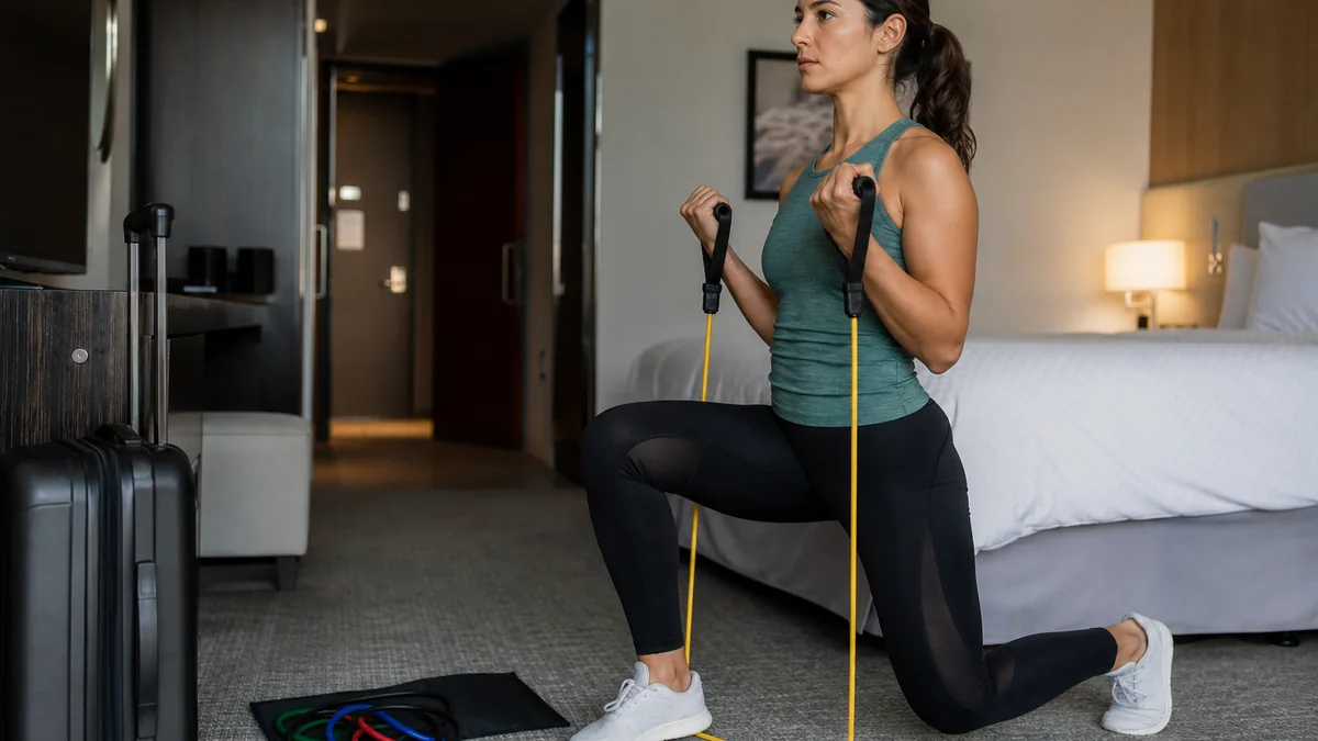 resistance bands set shown in the real-life setting: A hotel room or small apartment needs a training option that fits into one pouch.