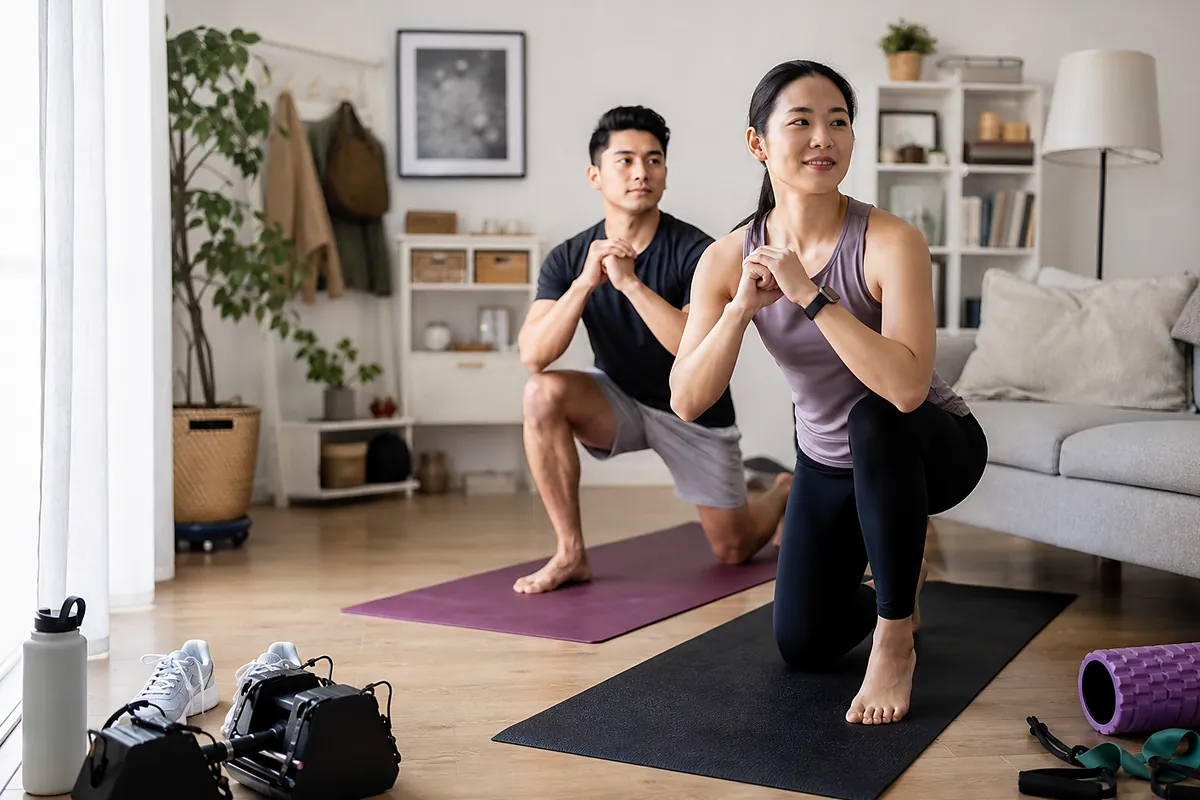 traveling exercisers considering resistance bands set in an everyday setting