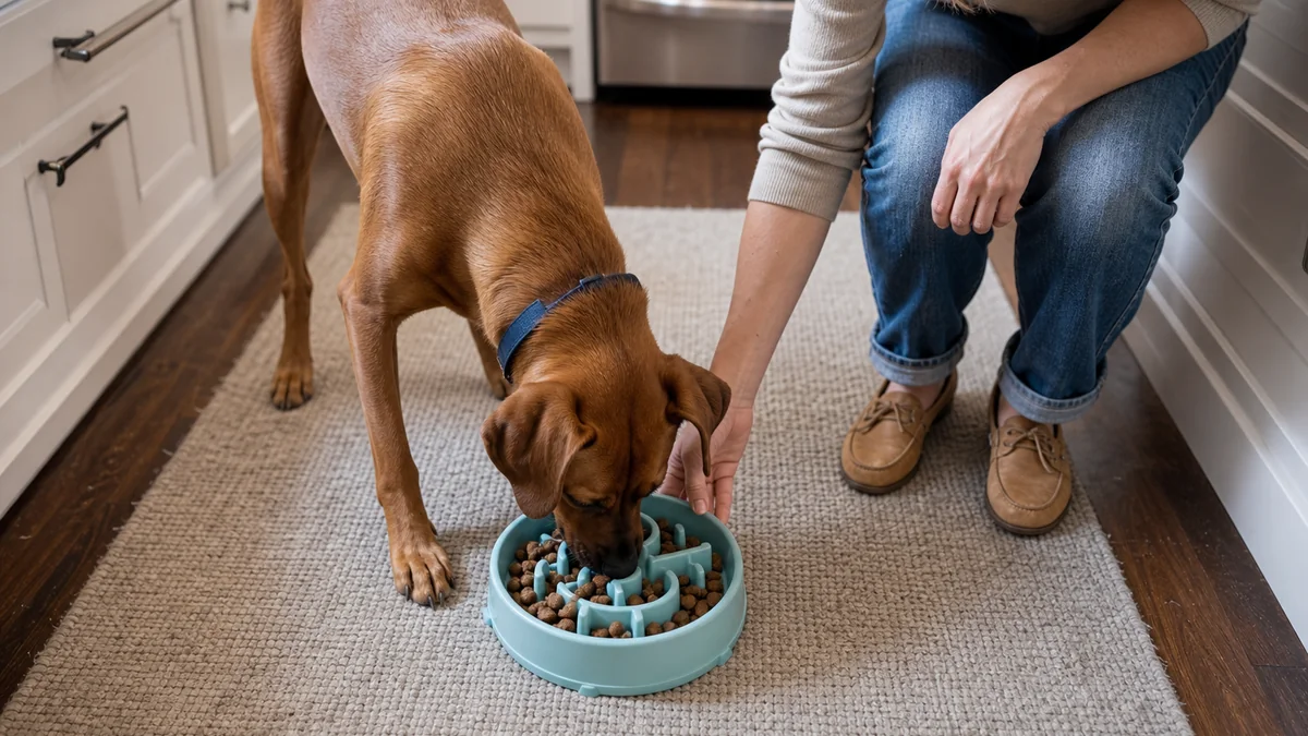dog slow feeder bowl shown in the real-life setting: A dog finishes a normal portion in moments and turns every meal into a frantic event.