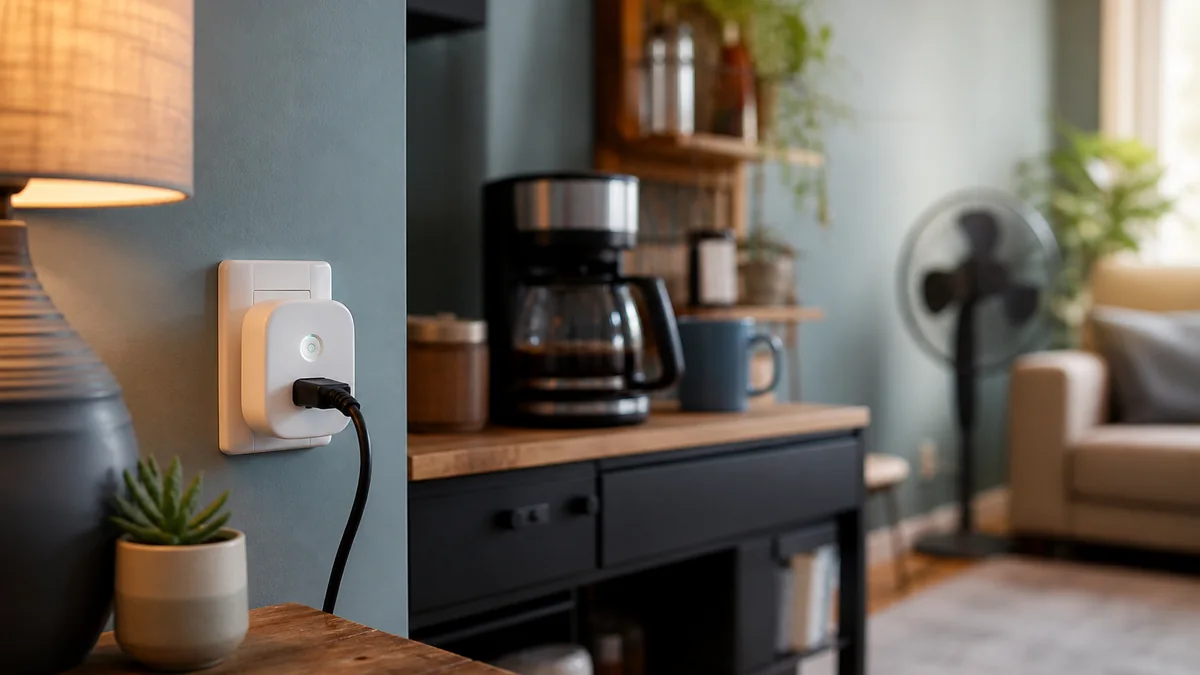 smart plug wifi shown in the real-life setting: A bedside lamp, coffee corner, and living-room fan should run on a schedule without rewiring the home.