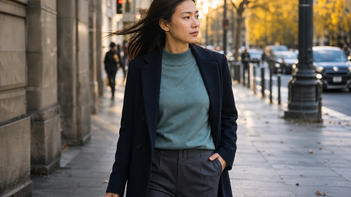 soft lightweight sweater shown in the real-life setting: A sweater needs to fit under a coat outdoors and remain comfortable in an overheated office.