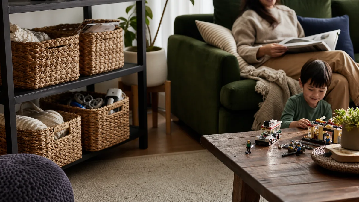 woven storage baskets shown in the real-life setting: Blankets, chargers, toys, and magazines need a home that does not make the room feel like a closet.