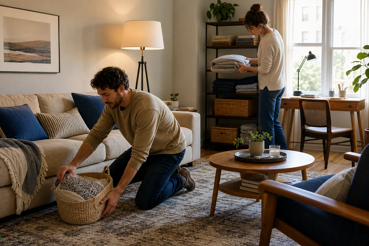 shared living spaces considering woven storage baskets in an everyday setting