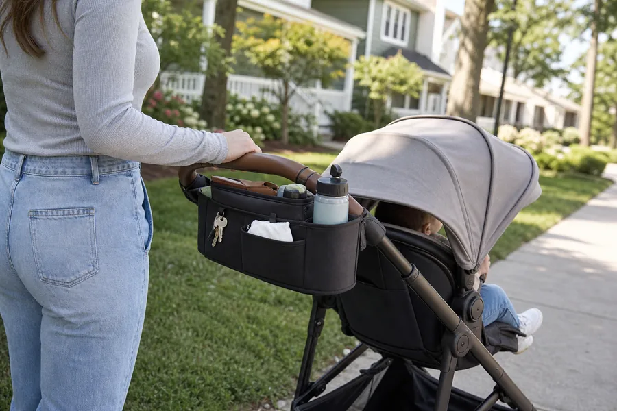 parents on the go comparing stroller organizer universal for keys and a water bottle need quick access on a neighborhood walk, while a full outing adds snacks and wipes.