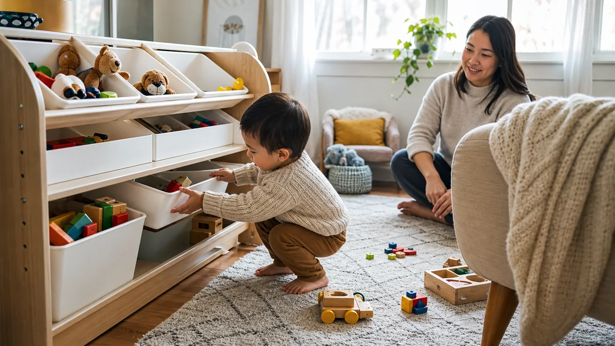open toy storage organizer shown in the real-life setting: Cleanup only works when children can see where pieces belong and reach the containers safely.