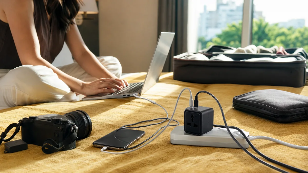universal travel adapter usb c shown in the real-life setting: A phone, laptop, and camera charger need to work across two countries without a bag of loose plugs.