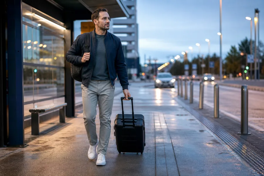 carry-on travelers comparing travel pants wrinkle resistant for you leave for the airport before sunrise and walk several miles after landing with only a carry-on.