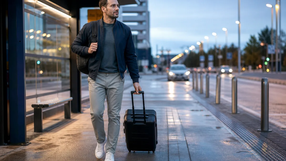 travel pants wrinkle resistant shown in the real-life setting: You leave for the airport before sunrise and walk several miles after landing with only a carry-on.