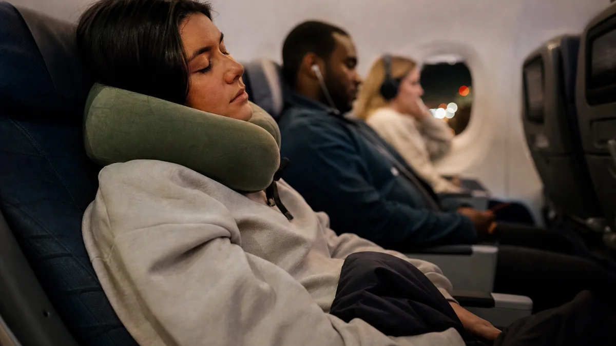 supportive travel neck pillow shown in the real-life setting: A red-eye seat reclines only slightly and the window is not always available for support.