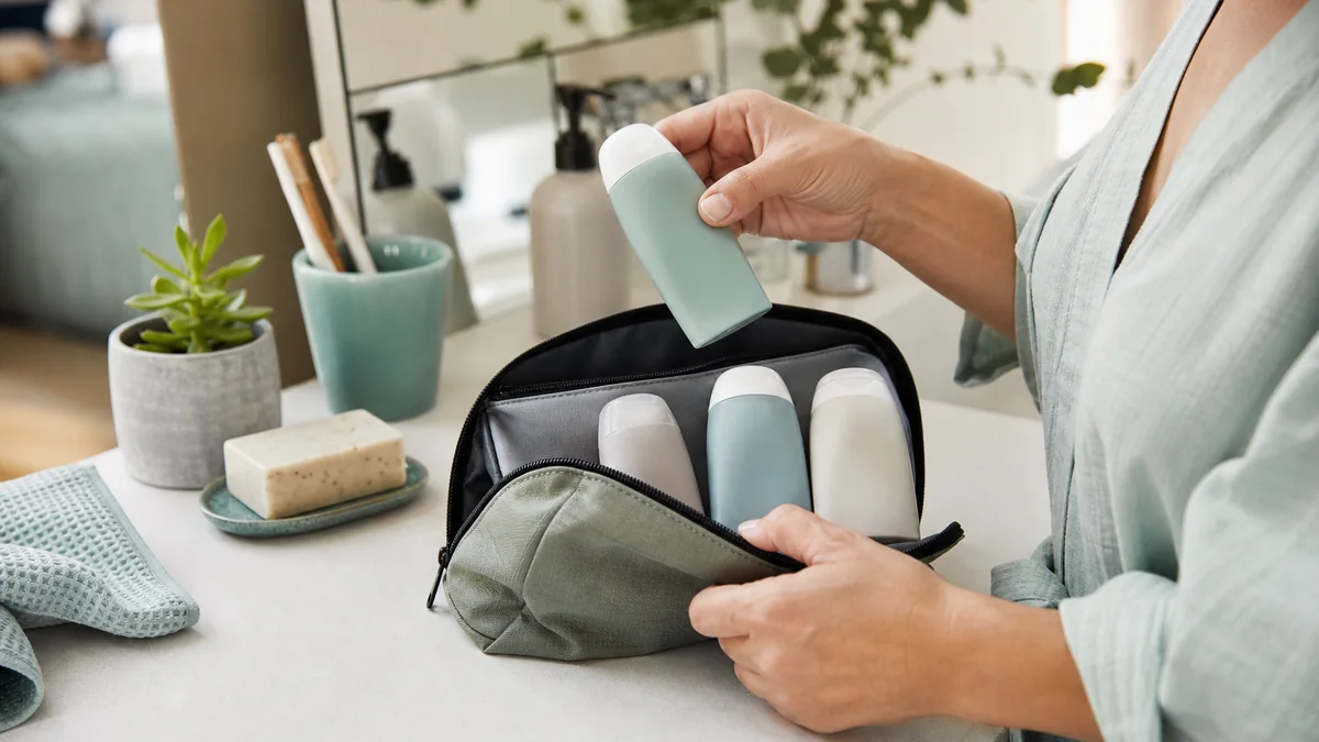 leakproof travel toiletry bottles shown in the real-life setting: A favorite cleanser and conditioner need to survive cabin pressure and a tightly packed toiletry kit.