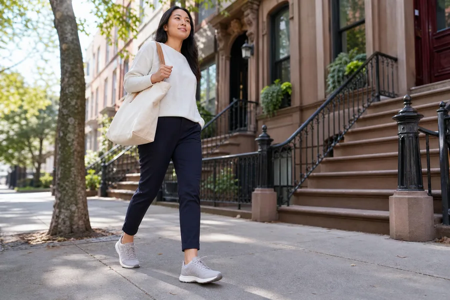 daily walkers comparing comfortable walking shoes for a normal day includes a train platform, grocery aisles, and an evening walk on mixed pavement.