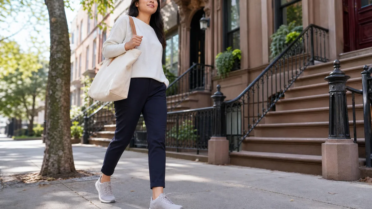 comfortable walking shoes shown in the real-life setting: A normal day includes a train platform, grocery aisles, and an evening walk on mixed pavement.