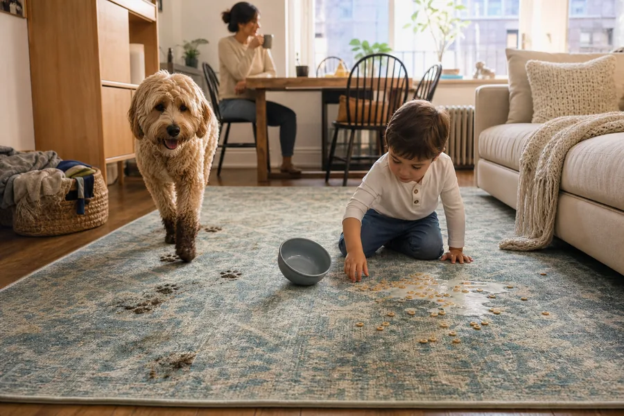 high-traffic homes comparing washable area rug for breakfast spills and muddy paws happen in the same room where everyone relaxes.
