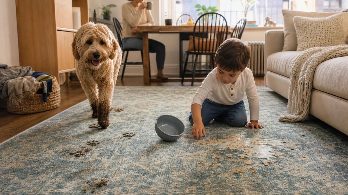 washable area rug shown in the real-life setting: Breakfast spills and muddy paws happen in the same room where everyone relaxes.