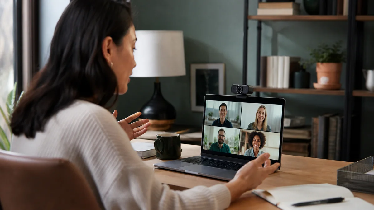 webcam for video calls shown in the real-life setting: A dim laptop camera makes weekly client calls feel less polished than the work behind them.