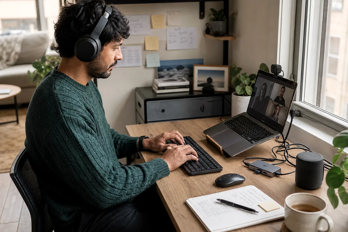 hybrid professionals considering webcam for video calls in an everyday setting