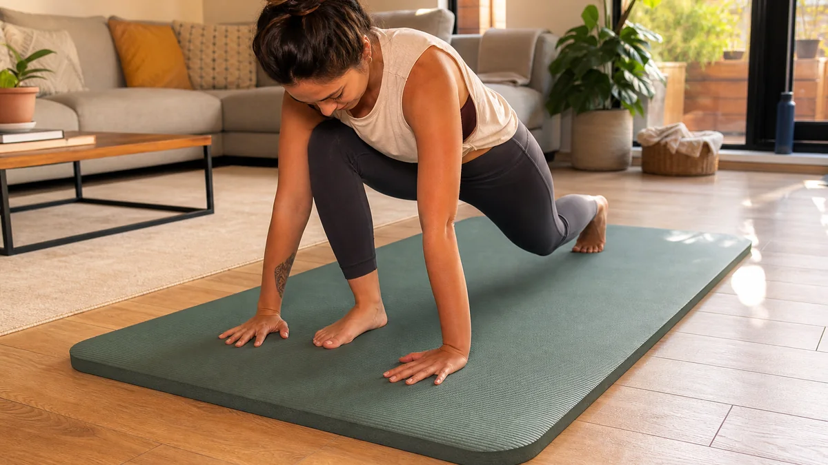 thick yoga mat non slip shown in the real-life setting: Morning mobility happens on tile or wood, where knees and wrists notice every pressure point.