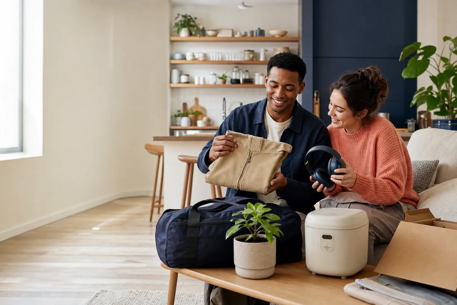 Friends comparing practical clothing, audio, kitchen, and travel purchases at home